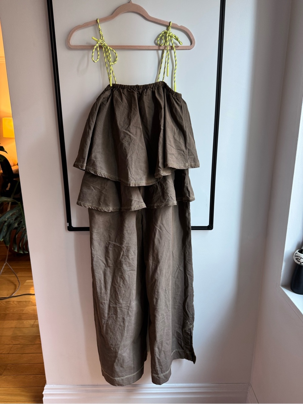 Free People Movement Warm Down One Piece Ruffle Wide Leg Olive Branch